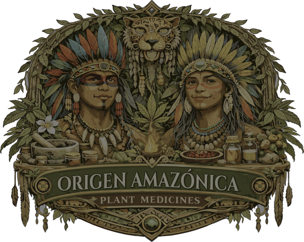 Origen Amazónica — plant medicines emblem: two Indigenous figures and a jaguar amid Amazonian botanicals